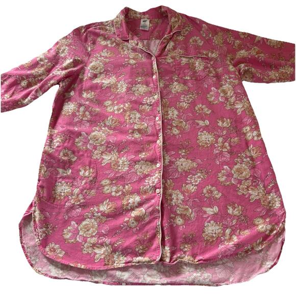 Lands' End Flannel Sleepshirt Nightgown 2X Pink Floral Button Up Well Loved Cozy - Picture 4 of 12